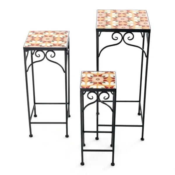 Lot de 3 Supports Pots de Fleurs Plateau en Céramique à Motifs Mosaïque Patin Antidérapant Porte Longueur du Côté 18/23/28cm Jaune