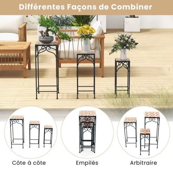 Lot de 3 Supports Pots de Fleurs Plateau en Céramique à Motifs Mosaïque Patin Antidérapant Porte Longueur du Côté 18/23/28cm Jaune