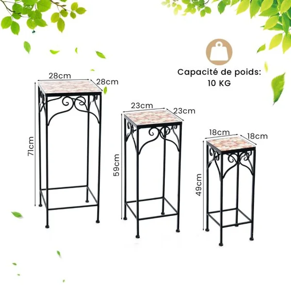 Lot de 3 Supports Pots de Fleurs Plateau en Céramique à Motifs Mosaïque Patin Antidérapant Porte Longueur du Côté 18/23/28cm Jaune