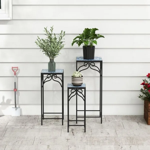 Lot de 3 Supports Pots de Fleurs Plateau en Céramique à Motifs Mosaïque Patin Antidérapant Porte Plante en Métal Bleu