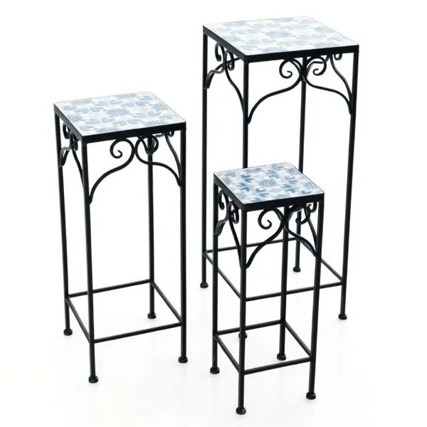 Lot de 3 Supports Pots de Fleurs Plateau en Céramique à Motifs Mosaïque Patin Antidérapant Porte Plante en Métal Bleu