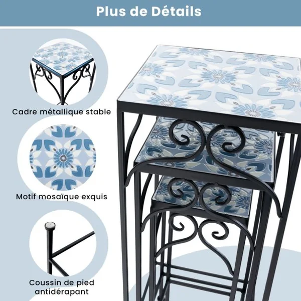 Lot de 3 Supports Pots de Fleurs Plateau en Céramique à Motifs Mosaïque Patin Antidérapant Porte Plante en Métal Bleu