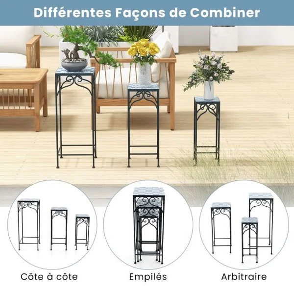 Lot de 3 Supports Pots de Fleurs Plateau en Céramique à Motifs Mosaïque Patin Antidérapant Porte Plante en Métal Bleu