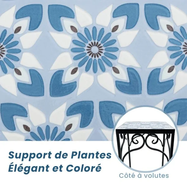 Lot de 3 Supports Pots de Fleurs Plateau en Céramique à Motifs Mosaïque Patin Antidérapant Porte Plante en Métal Bleu