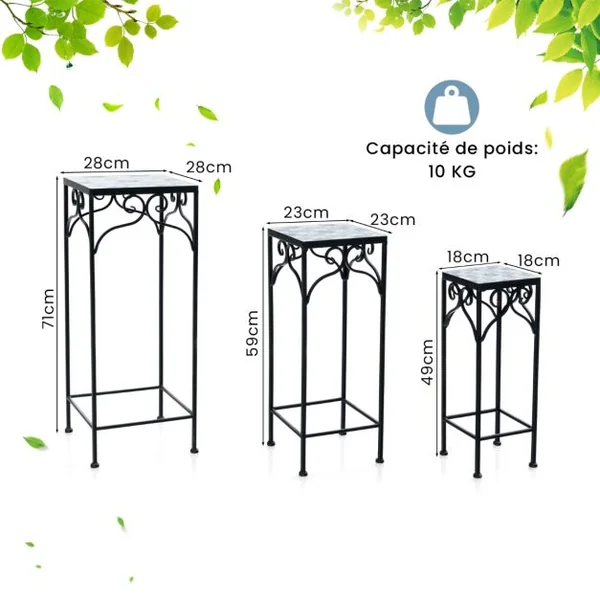 Lot de 3 Supports Pots de Fleurs Plateau en Céramique à Motifs Mosaïque Patin Antidérapant Porte Plante en Métal Bleu