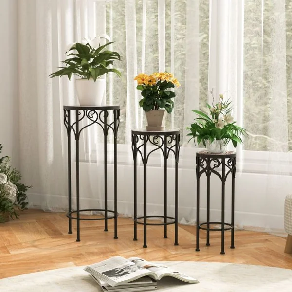 Lot de 3 Supports Pots de Fleurs Plateau en Céramique à Motifs Mosaïque Support à Plante en Métal Patin Antidérapant