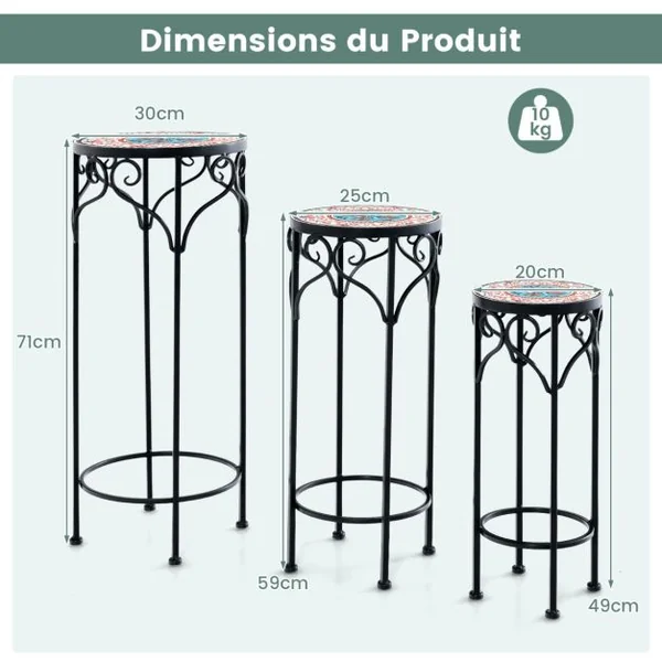 Lot de 3 Supports Pots de Fleurs Plateau en Céramique à Motifs Mosaïque Support à Plante en Métal Patin Antidérapant