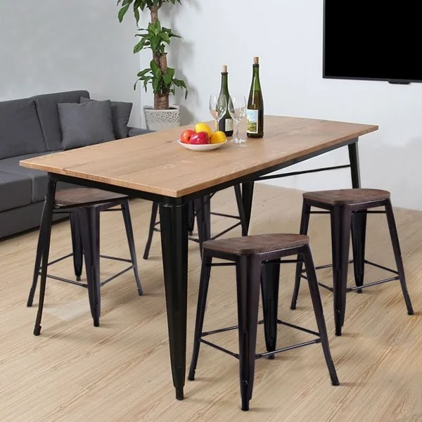 Lot de 4 Chaises de Bar Style Industriel Dossier Détachable Capacité 120 Kg en Métal Bois D’orme 45x52x99cm Bronze