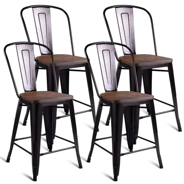Lot de 4 Chaises de Bar Style Industriel Dossier Détachable Capacité 120 Kg en Métal Bois D’orme 45x52x99cm Bronze