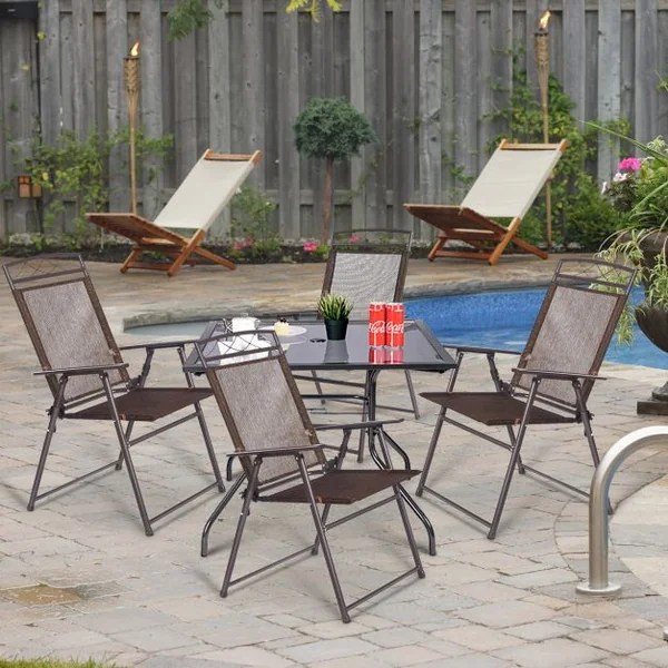 Lot de 4 Chaises de Jardin Pliables avec Accoudoirs Capacité 160kg en Fer Forgé & Maille Synthétique, 67x57x93cm, Café