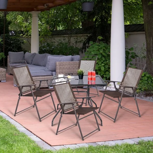 Lot de 4 Chaises de Jardin Pliables avec Accoudoirs Capacité 160kg en Fer Forgé & Maille Synthétique, 67x57x93cm, Café