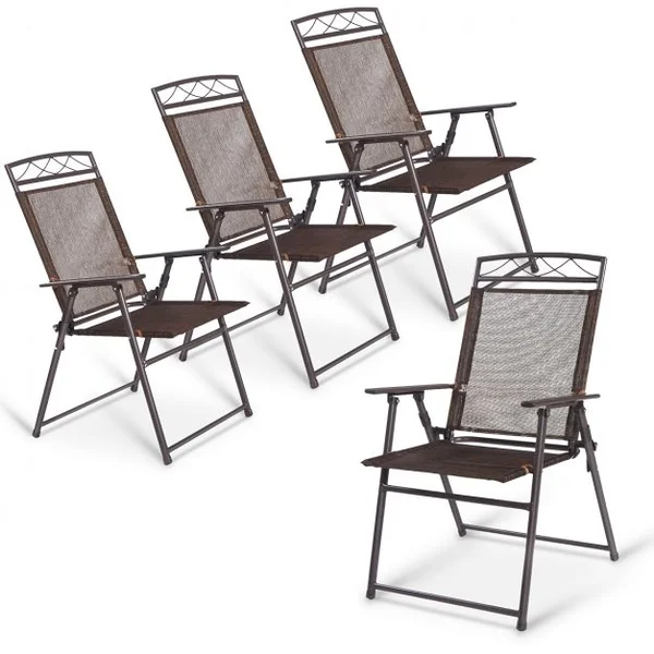 Lot de 4 Chaises de Jardin Pliables avec Accoudoirs Capacité 160kg en Fer Forgé & Maille Synthétique, 67x57x93cm, Café