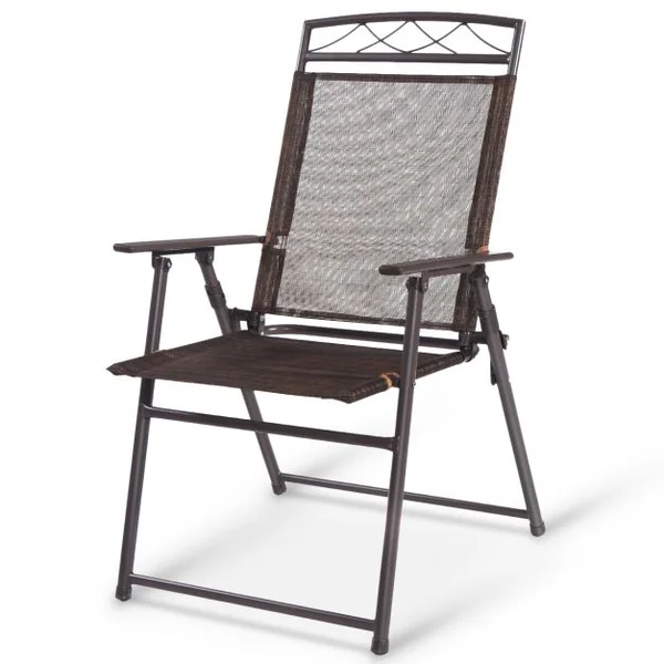 Lot de 4 Chaises de Jardin Pliables avec Accoudoirs Capacité 160kg en Fer Forgé & Maille Synthétique, 67x57x93cm, Café