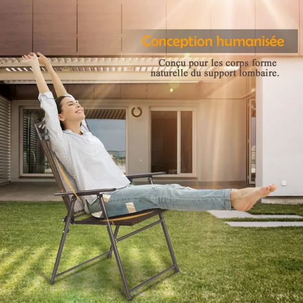 Lot de 4 Chaises de Jardin Pliables avec Accoudoirs Capacité 160kg en Fer Forgé & Maille Synthétique, 67x57x93cm, Café