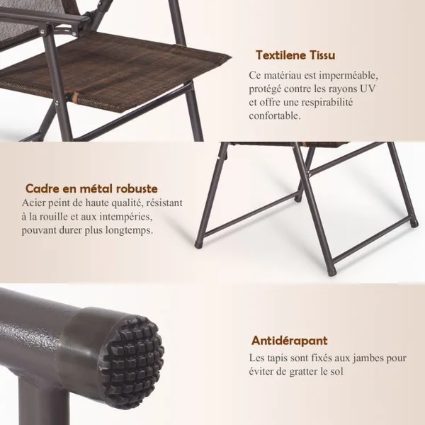 Lot de 4 Chaises de Jardin Pliables avec Accoudoirs Capacité 160kg en Fer Forgé & Maille Synthétique, 67x57x93cm, Café