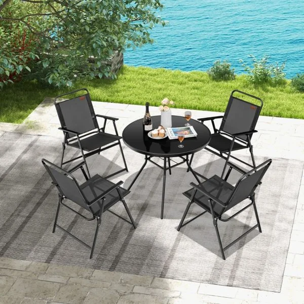Lot de 4 Chaises de Jardin Pliantes en Textilène avec Accoudoirs en Métal Fauteuil de Jardin avec Pieds Antidérapants Noir