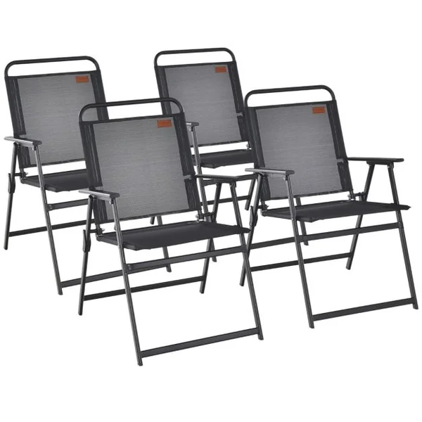 Lot de 4 Chaises de Jardin Pliantes en Textilène avec Accoudoirs en Métal Fauteuil de Jardin avec Pieds Antidérapants Noir