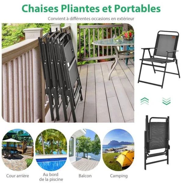 Lot de 4 Chaises de Jardin Pliantes en Textilène avec Accoudoirs en Métal Fauteuil de Jardin avec Pieds Antidérapants Noir