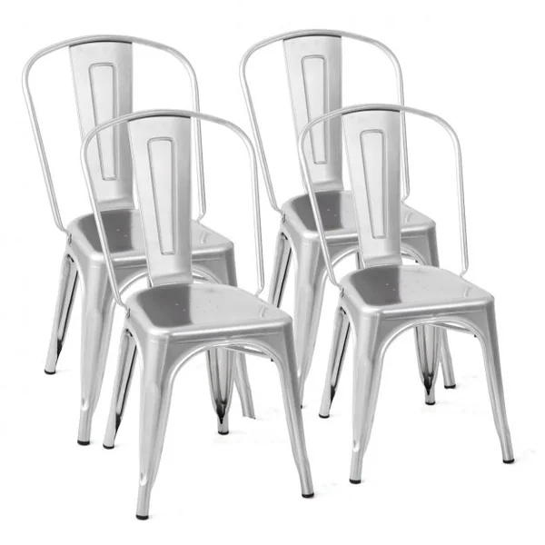 Lot de 4 Chaises de Style Industriel avec Dossier Détachable pour Cuisine Capacité 125kg en Acier 45x52x85cm Argent