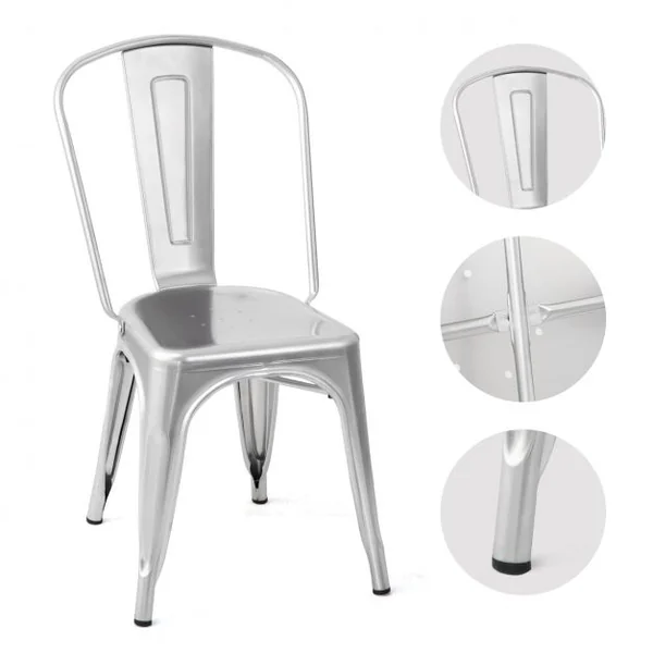 Lot de 4 Chaises de Style Industriel avec Dossier Détachable pour Cuisine Capacité 125kg en Acier 45x52x85cm Argent