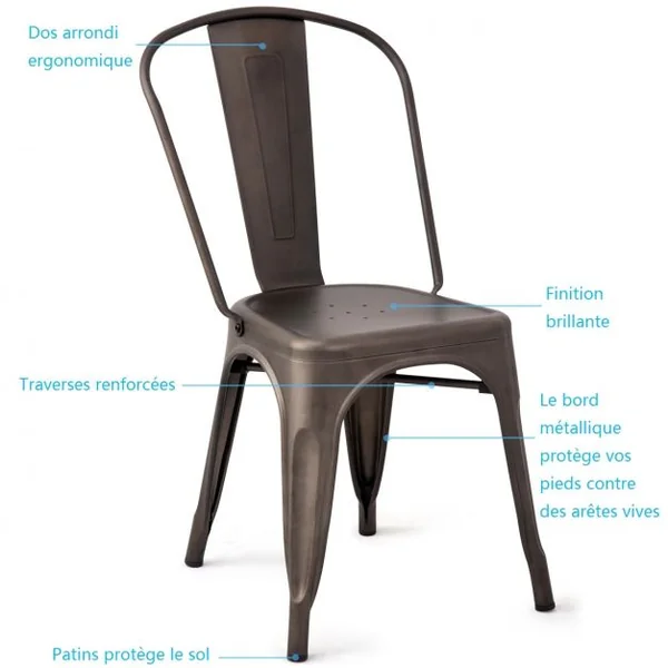 Lot de 4 Chaises de Style Industriel avec Dossier Détachable pour Cuisine Capacité 125kg en Acier 45x52x85cm Bronze