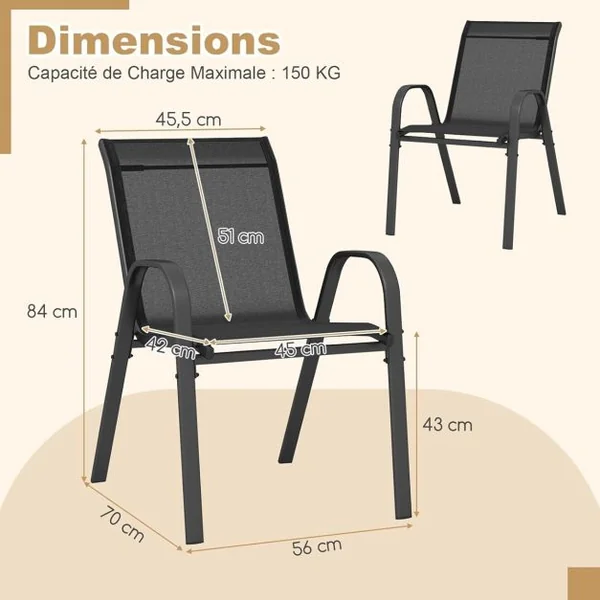 Lot de 4 Chaises empliables Tissu Respirant et Structure Antirouille Charge Max 120kg pour Jardin Terrasse Balcon Gris/Noir/Marron/Bleu
