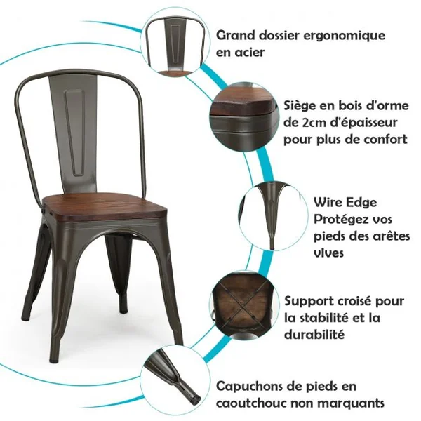 Lot de 4 Chaises Salle à Manger en Acier Assise en Bois d’Orme Empilables Style Industriel 51x44x85,5cm Couleur Métallisée