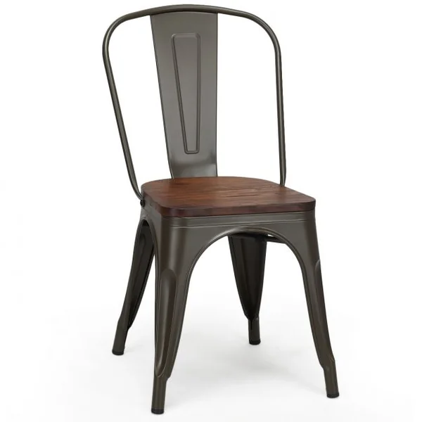Lot de 4 Chaises Salle à Manger en Acier Assise en Bois d’Orme Empilables Style Industriel 51x44x85,5cm Couleur Métallisée