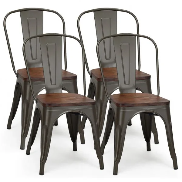 Lot de 4 Chaises Salle à Manger en Acier Assise en Bois d’Orme Empilables Style Industriel 51x44x85,5cm Couleur Métallisée