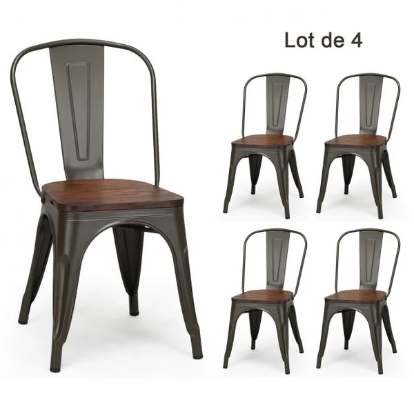 Lot de 4 Chaises Salle à Manger en Acier Assise en Bois d’Orme Empilables Style Industriel 51x44x85,5cm Couleur Métallisée