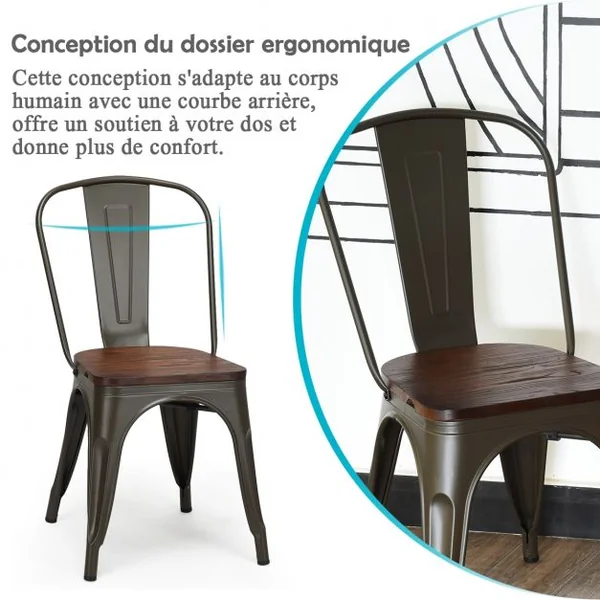 Lot de 4 Chaises Salle à Manger en Acier Assise en Bois d’Orme Empilables Style Industriel 51x44x85,5cm Couleur Métallisée