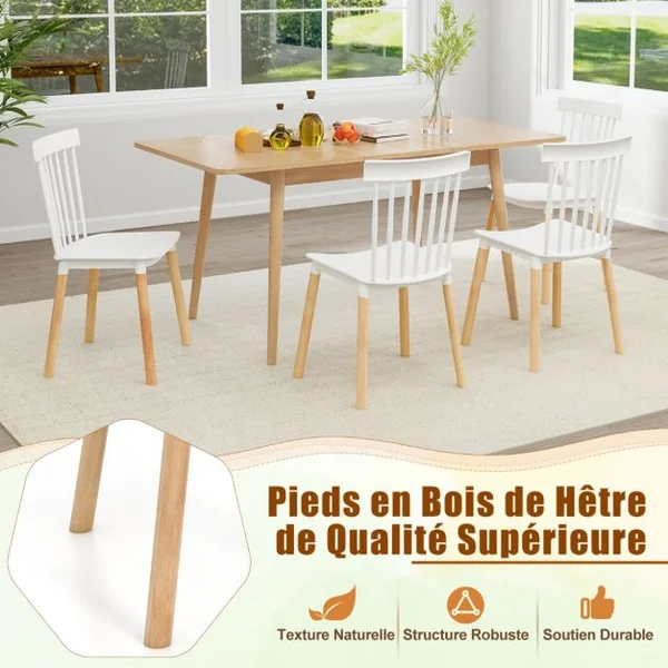 Lot de 4 Chaises Windsor Dossier à Fuseaux et Sièges Incurvés Pieds en Bois Massif Robustes Patins Antidérapants Sans Accoudoirs Noir/Blanc