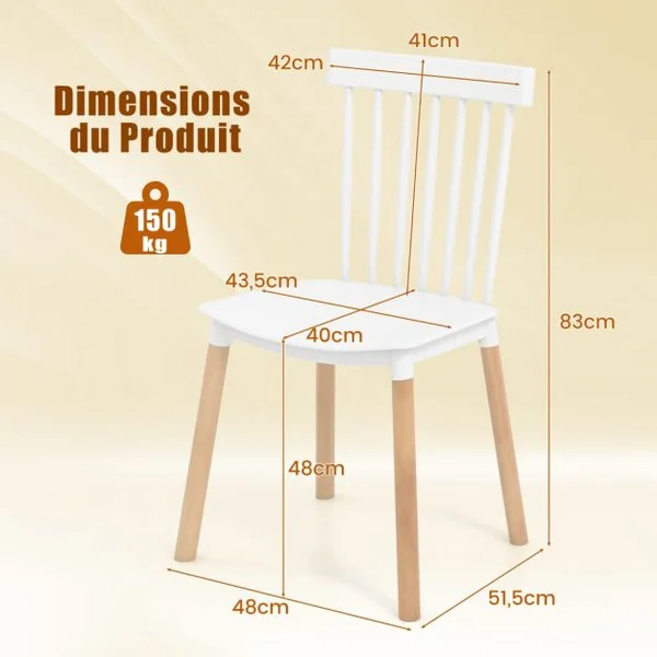 Lot de 4 Chaises Windsor Dossier à Fuseaux et Sièges Incurvés Pieds en Bois Massif Robustes Patins Antidérapants Sans Accoudoirs Noir/Blanc
