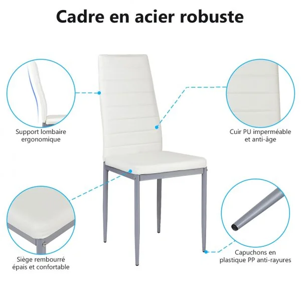 Lot de 4 Chaises à Dossier Haut Siège Rembourré Design Ergonomique Capacité 120 Kg Imitation Cuir 40,5x51x97cm Blanc