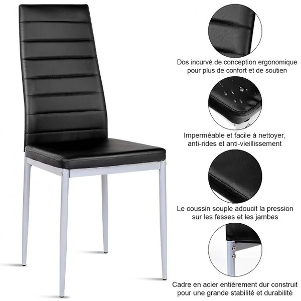 Lot de 4 Chaises à Dossier Haut Siège Rembourré Design Ergonomique Capacité 120 Kg Imitation Cuir 40,5x51x97cm Noir