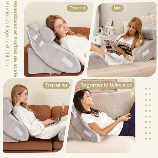 Lot de 4 Coussins/Oreillers de Lecture en Mousse à Mémoire Appuie-tête Amovible Oreiller Compensé Post chirurgie Gris