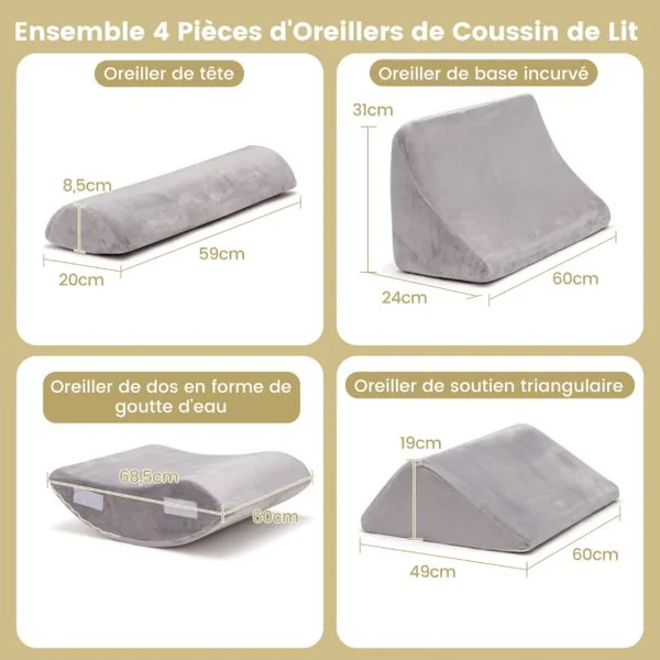 Lot de 4 Coussins/Oreillers de Lecture en Mousse à Mémoire Appuie-tête Amovible Oreiller Compensé Post chirurgie Gris