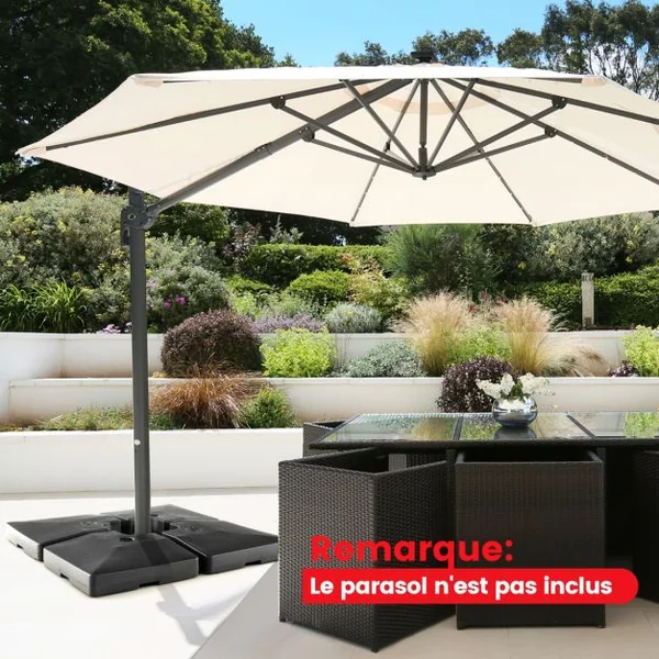 Lot de 4 Dalle Parasol Déporté Lestage Poids Parasol Carré en HDPE à Remplir 20L d'Eau ou 27Kg de Sable Base pour Parasol avec Poignée 102 x 102 x 12 cm