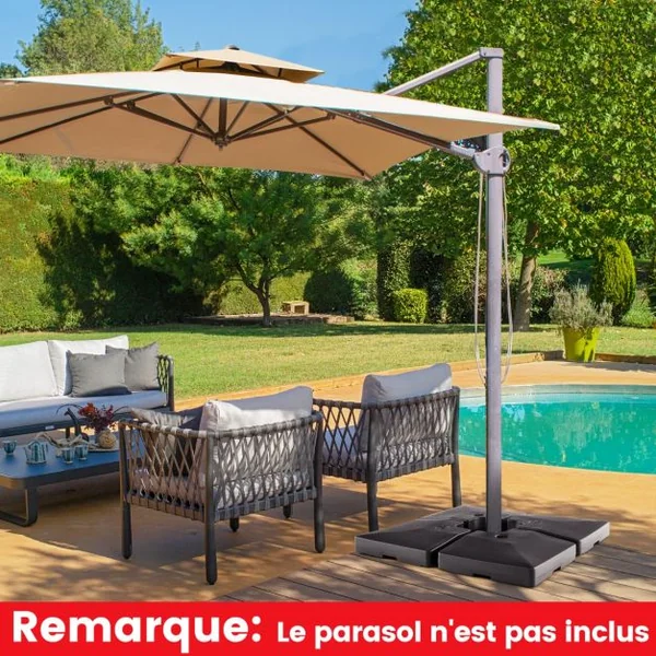 Lot de 4 Dalle Parasol Déporté Lestage Poids Parasol Carré en HDPE à Remplir 20L d'Eau ou 27Kg de Sable Base pour Parasol avec Poignée 102 x 102 x 12 cm