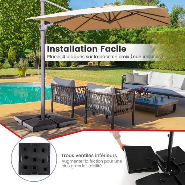 Lot de 4 Dalle Parasol Déporté Lestage Poids Parasol Carré en HDPE à Remplir 20L d'Eau ou 27Kg de Sable Base pour Parasol avec Poignée 102 x 102 x 12 cm