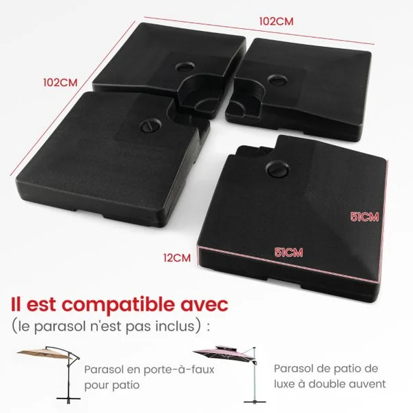 Lot de 4 Dalle Parasol Déporté Lestage Poids Parasol Carré en HDPE à Remplir 20L d'Eau ou 27Kg de Sable Base pour Parasol avec Poignée 102 x 102 x 12 cm