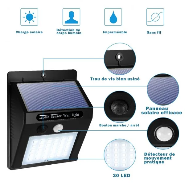 Lot de 4 Lampes Solaires Extérieures Murales avec 30 LED Distance 3 à 5 m Charge 7 à 8 Heures en ABS, 9,6x4,8x12,4cm
