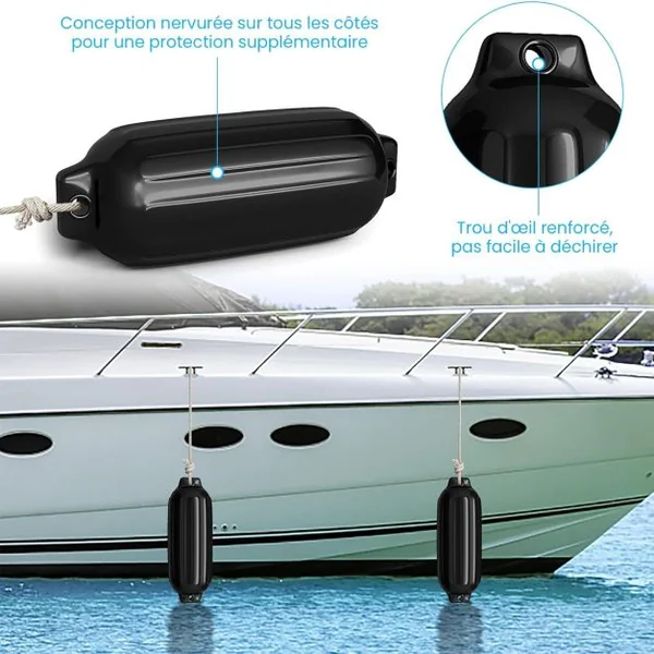 Lot de 4 Pare-Battage Gonflables en PVC à Deux Œillets Nervurés pour Ponton Voilier Hors-Bord Noir/Bleu