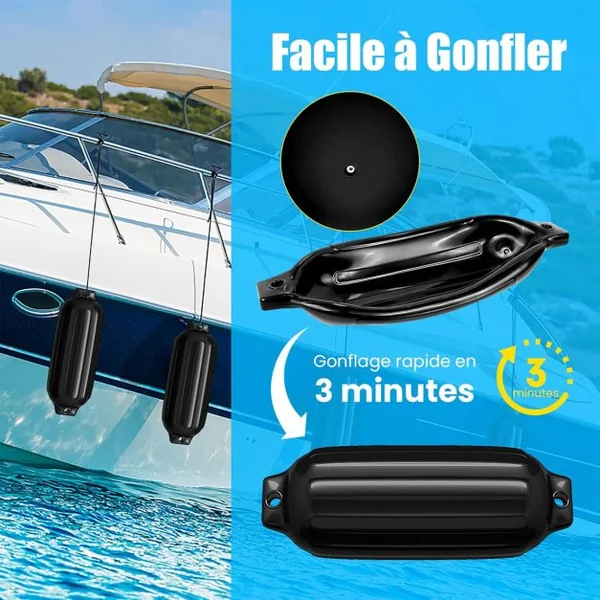 Lot de 4 Pare-Battage Gonflables en PVC à Deux Œillets Nervurés pour Ponton Voilier Hors-Bord Noir/Bleu