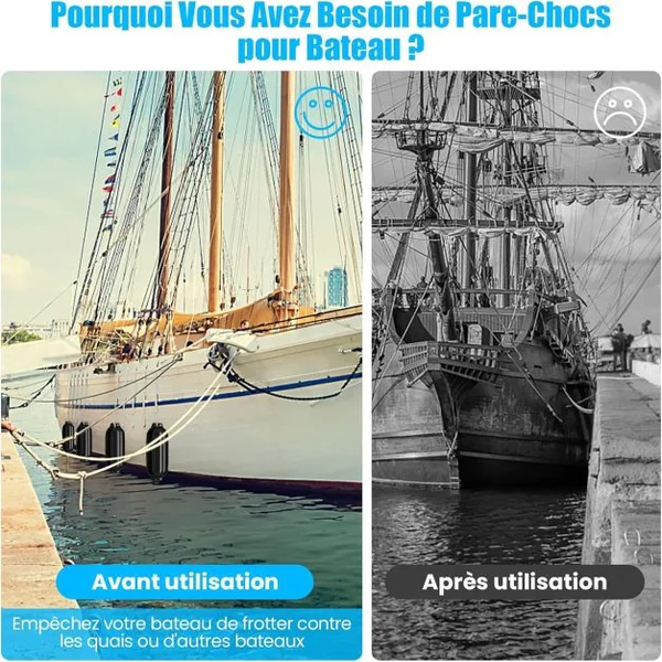 Lot de 4 Pare-Battage Gonflables en PVC à Deux Œillets Nervurés pour Ponton Voilier Hors-Bord Noir/Bleu