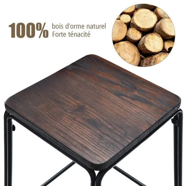 Lot de 4 Tabourets de Bar avec Repose-pieds Style Industriel Capacité 120 Kg en Orme et Fer 43x43x76cm Noir-café