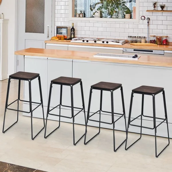 Lot de 4 Tabourets de Bar avec Repose-pieds Style Industriel Capacité 120 Kg en Orme et Fer 43x43x76cm Noir-café