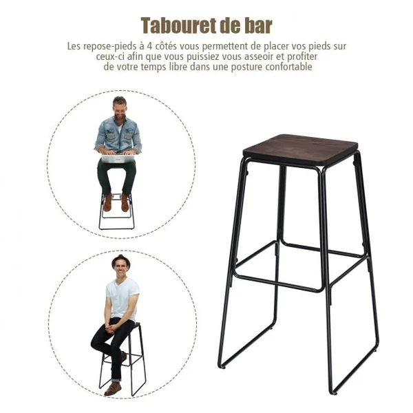 Lot de 4 Tabourets de Bar avec Repose-pieds Style Industriel Capacité 120 Kg en Orme et Fer 43x43x76cm Noir-café
