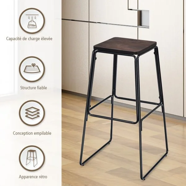 Lot de 4 Tabourets de Bar avec Repose-pieds Style Industriel Capacité 120 Kg en Orme et Fer 43x43x76cm Noir-café