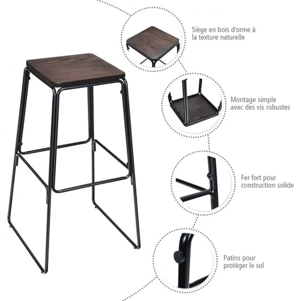 Lot de 4 Tabourets de Bar avec Repose-pieds Style Industriel Capacité 120 Kg en Orme et Fer 43x43x76cm Noir-café